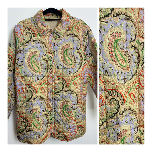 Vintage 1990s BOGNER Size 14 Cream Lilac & Green Floral Paisley Quilted Jacket/Coat