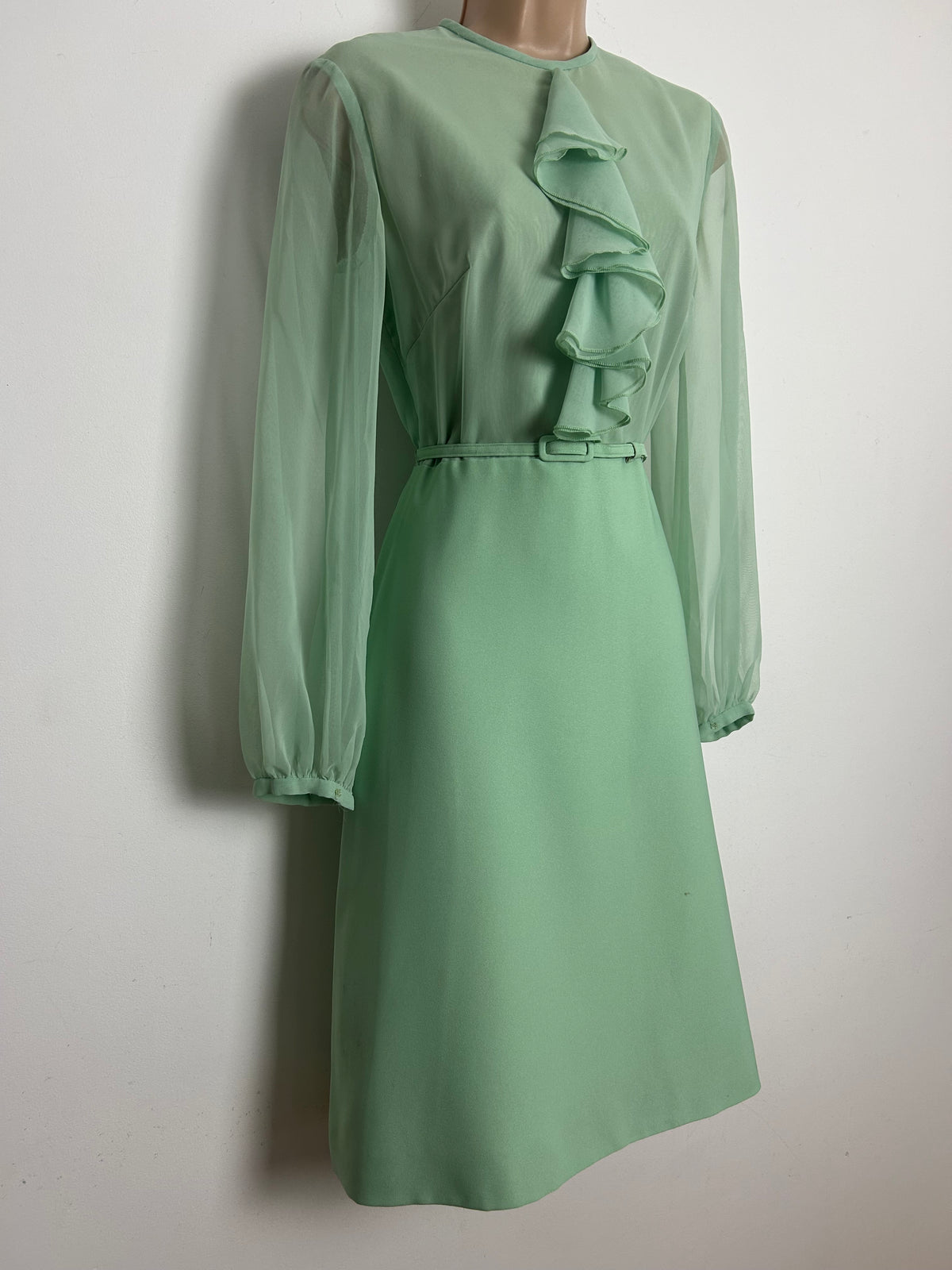 Vintage 1960s PEGGY FRENCH COUTURE Size 8 Pale Green Ruffle Trim Belted Mod Dress