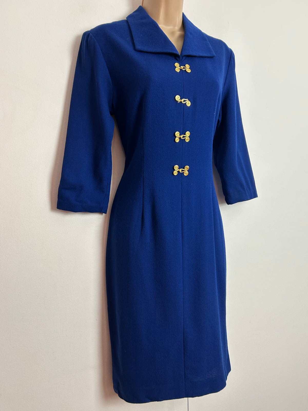 Vintage Early 1970s UK Size 8 Navy Blue Long Sleeve Wool Mix Long Sleeve Mod Day Dress