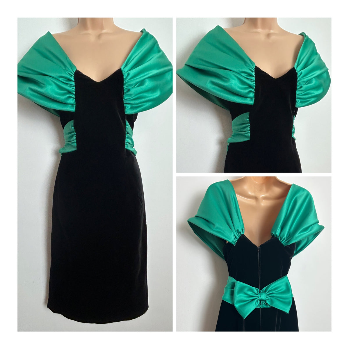Vintage 1980s JAHN & PILL Size 10 Black Velvet & Green Contrast Off Shoulder Fitted Cocktail Dress