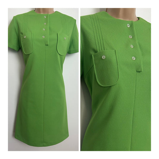 Vintage 1960s Size 10 Lime Green Short Sleeve Mini Mod Shift Dress