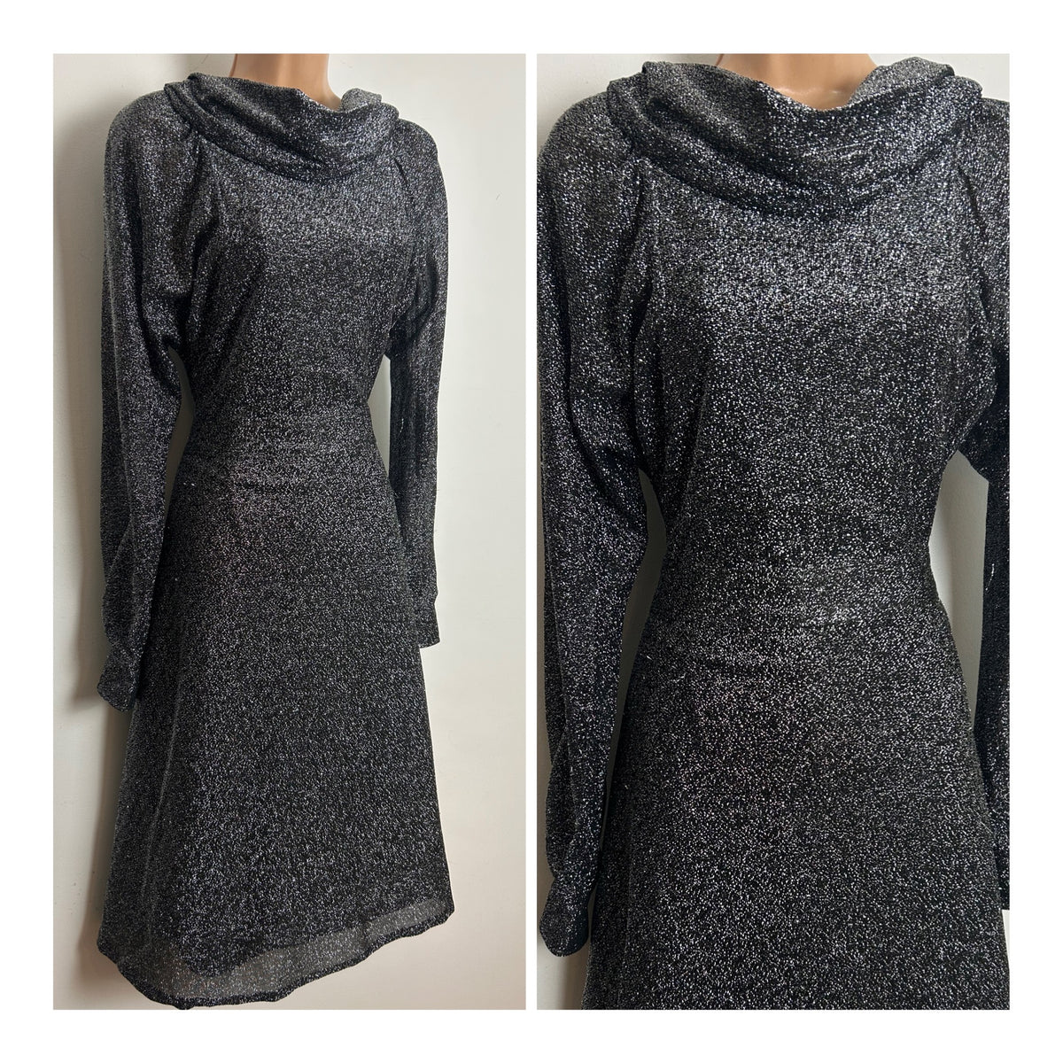 Vintage 1970s Size 8-10 Black & Silver Lurex Cowl Neck Long Sleeve Tie Back Xmas Party Dress