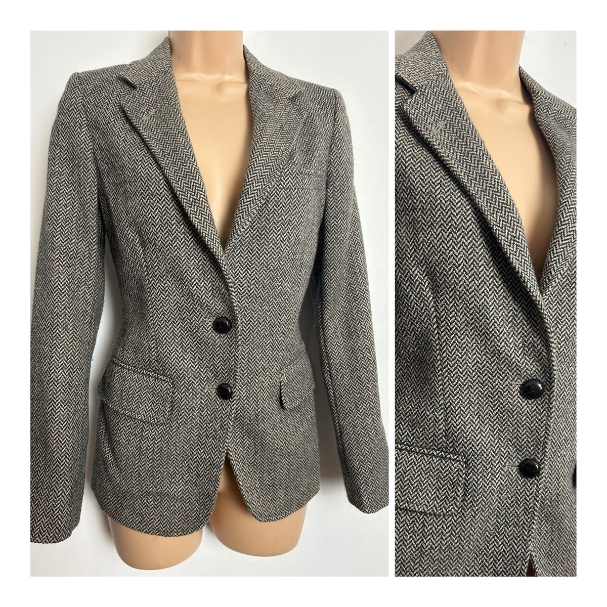 Vintage 1980s HASPEL Size 8 Traditional Wool Teed Herringbone Fully Lined Blazer