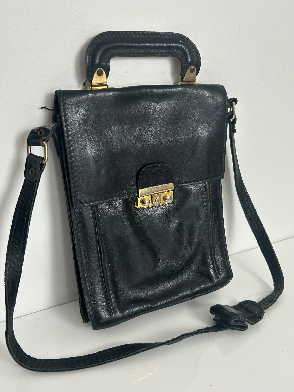 Vintage 1970s Black Leather Satchel Style Shoulder Bag