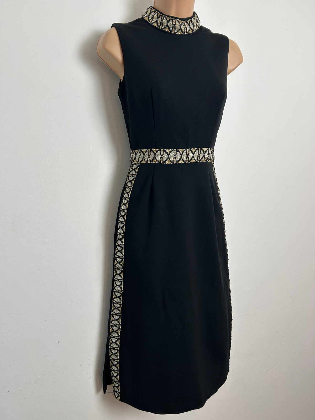 Vintage 1960s RONDA ROY Size 6 Black Evening Mod Dress With Silver & Gold Braid Trim Detail