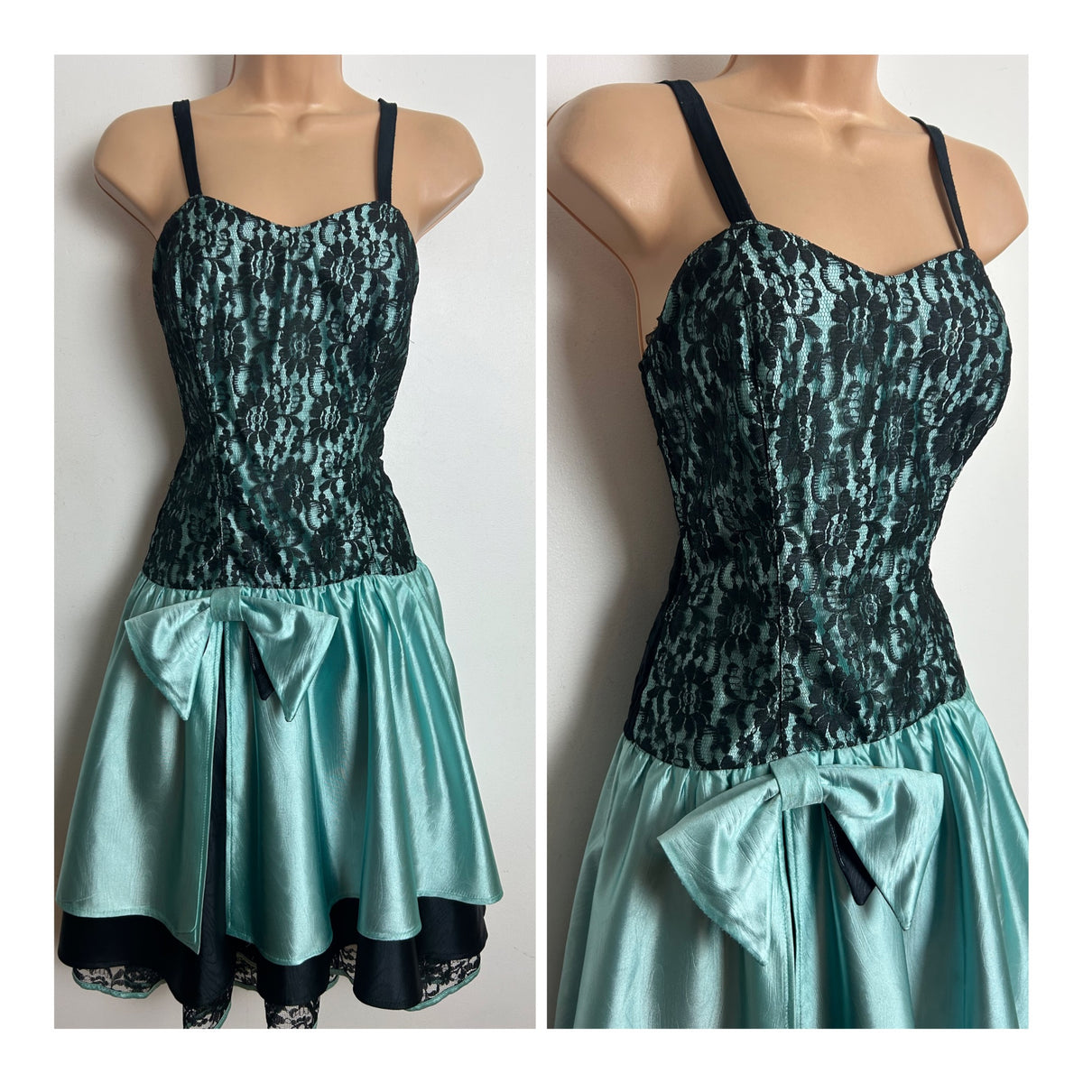 Vintage 1980s C&A Size 8-10 Black & Pale Blue Lace Bow Detail Party Prom Evening Dress