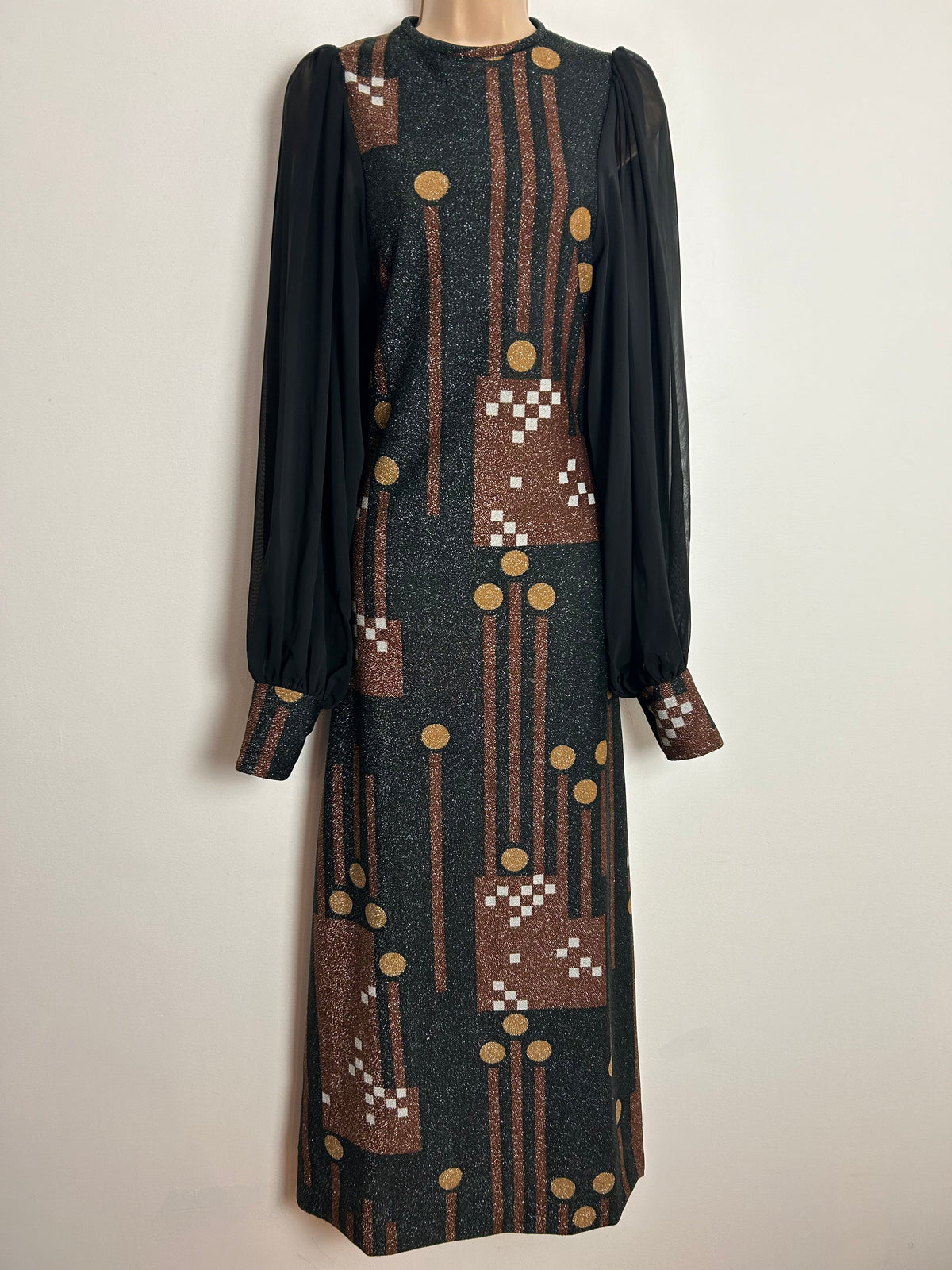 Vintage Early 1970s FIONA UK Size 6-8 Black Bronze & Sandy Beige Lurex Stripe Circle & Geo Print Long Sleeve Occasion Maxi Dress