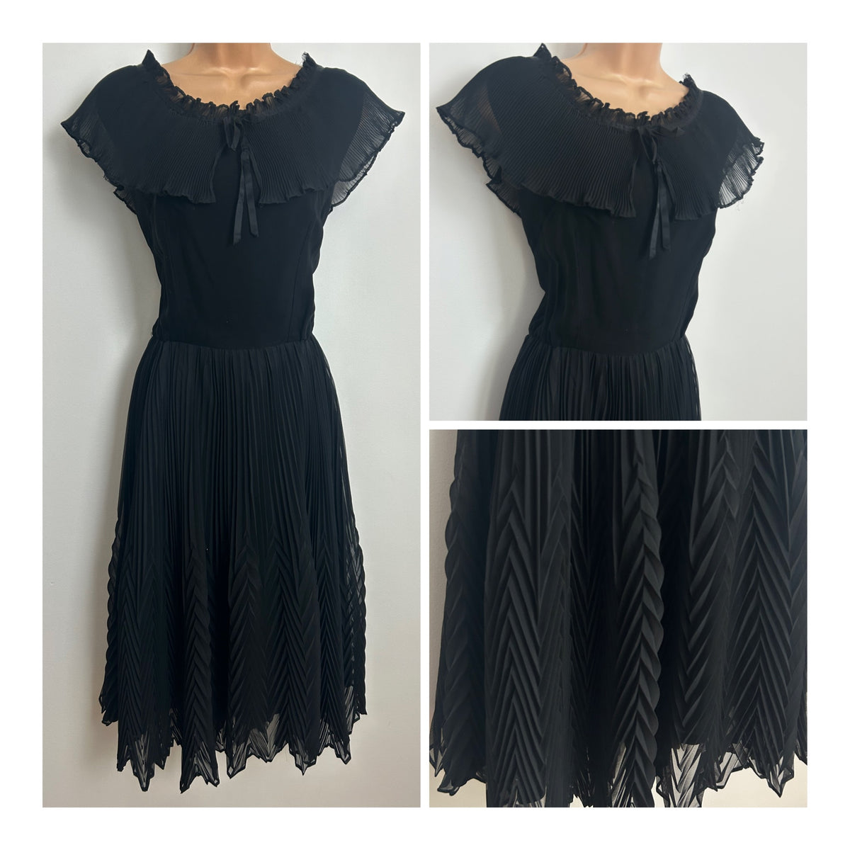 Vintage Early 1970s Size 14 Black Plisse Pleated Cape Collar Pleated 1940s Revival Dress