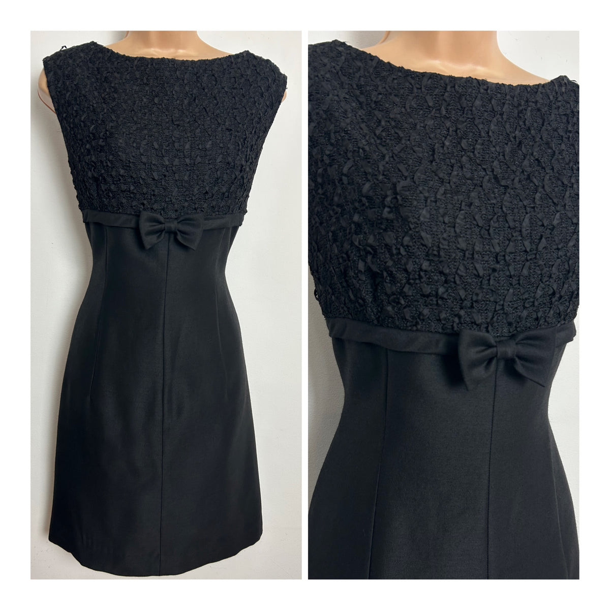 Vintage 1960s Size 10 Mod Black Ribbon & Bow Detail Little Black Dress
