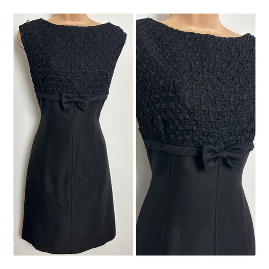 Vintage 1960s Size 10 Mod Black Ribbon & Bow Detail Little Black Dress
