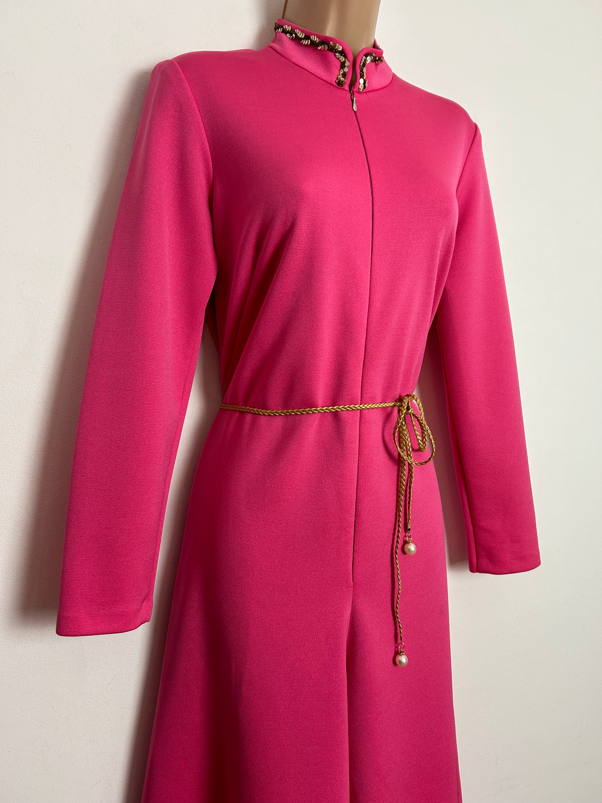 Vintage 1970s PAUL NICHOLAS UK Size 10 Candy Pink Long Sleeve Wide Leg Flared Jumpsuit