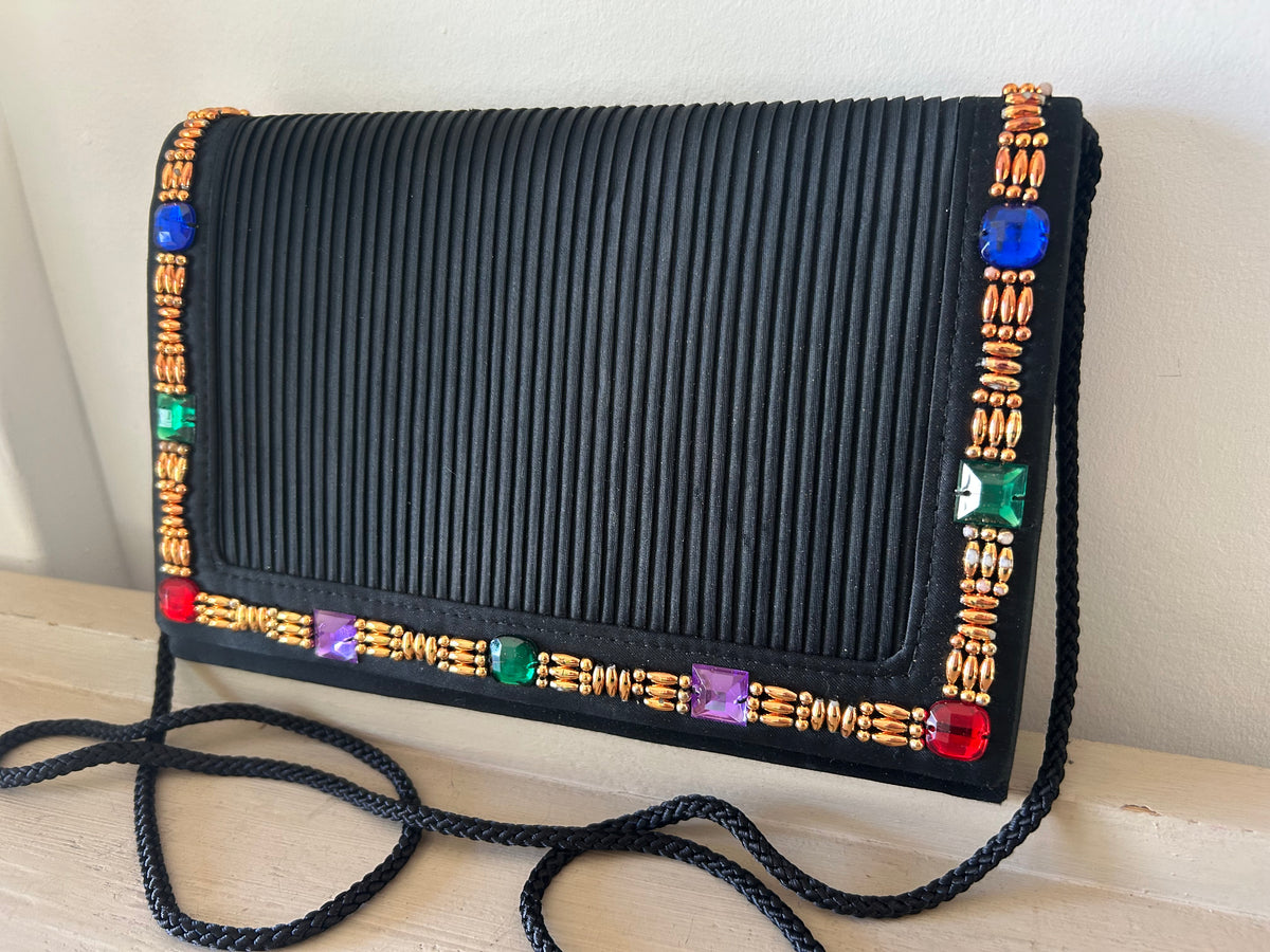 Vintage 1980s JANE SHILTON Black Pleated Gold & Jewel Colour Bead Embellished Evening Bag