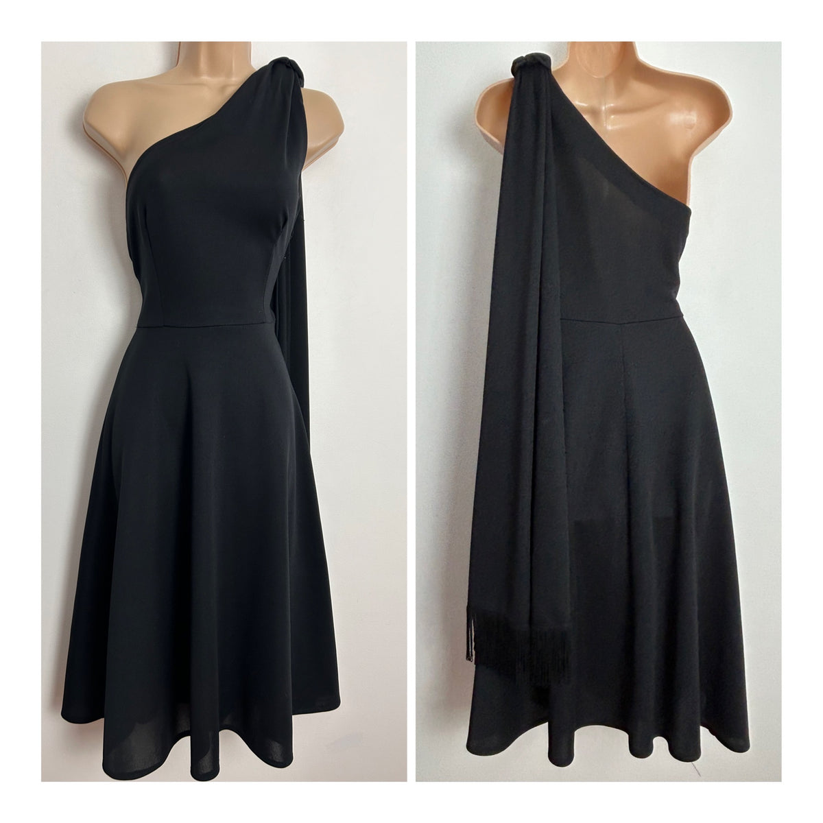 Vintage 1970s UK Size 8 Black One Shoulder Watteau Train Fit Flare Evening Party Dress