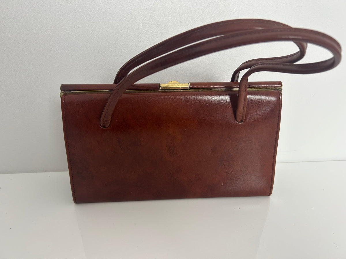 Vintage Early 1960s JONELLE Small Chestnut Brown Real Leather Kelly Style Handbag