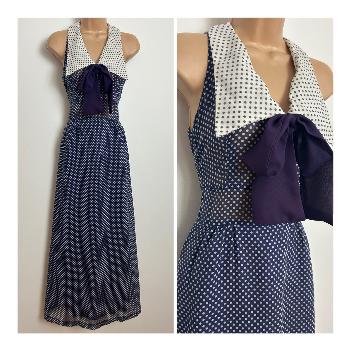 Vintage 1970s WENDY Size 6 Navy Blue & White Polka Dot Wide Collar Pussy Bow Maxi Dress