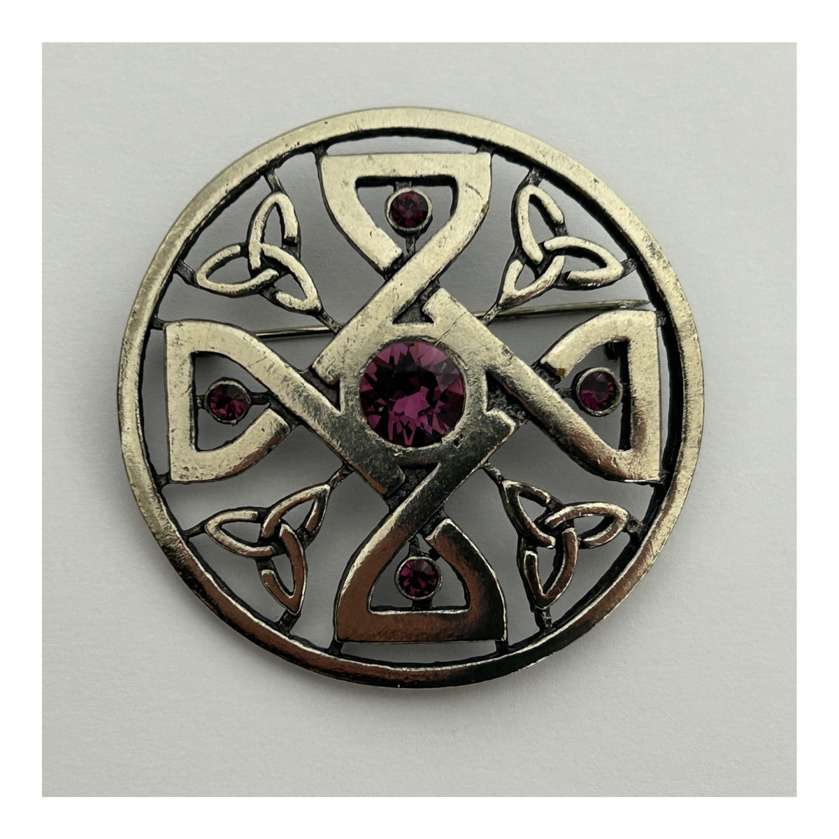 Vintage Celtic Scottish Silver Celtic Knot Stamped Purple Stone Set Round Brooch