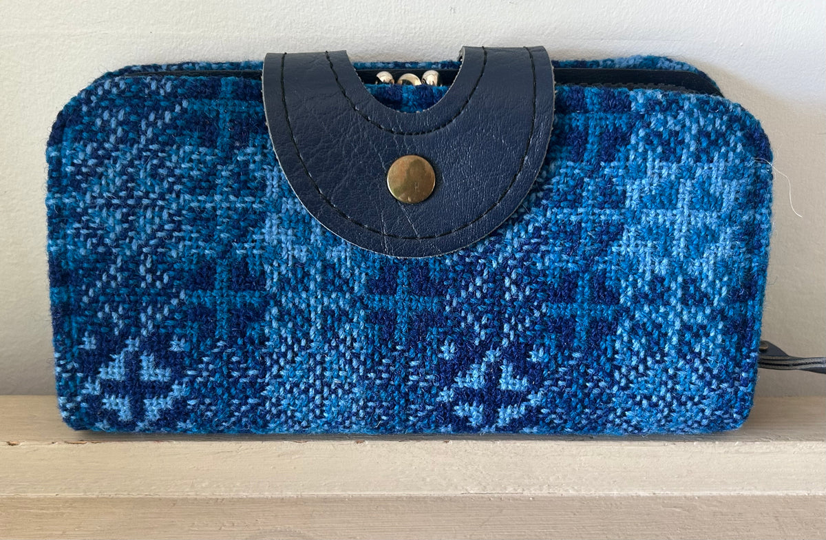 Vintage Blue Welsh Wool Tapestry Large Purse With Wrist Strap