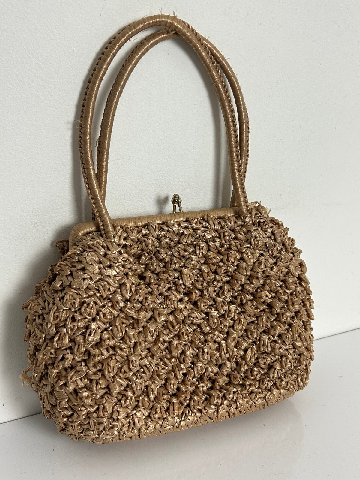 Vintage 1950s Handmade Beige Woven Raffia Style Top Handle Handbag