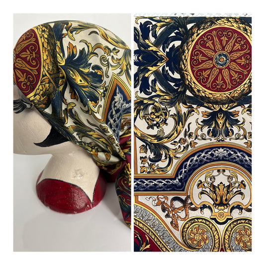 Vintage Italian MILANA Dark Red Nouveau Baroque Print Large Polyester Scarf 87cm x 87cm