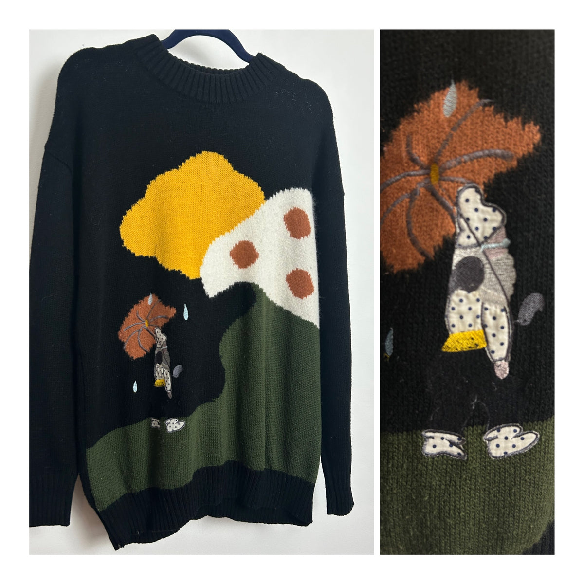 Vintage 1980s Size L (Up to Size 16) Black Mustard & Cream Figurine With Brolly Applique Long Sleeve Jumper