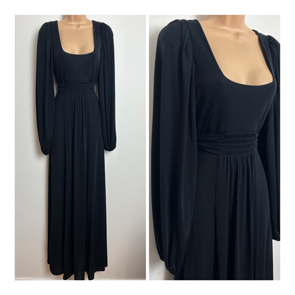Vintage 1970s ZANIE Size 6 Black Long Sleeve Tie Back Empire Line Maxi Dress