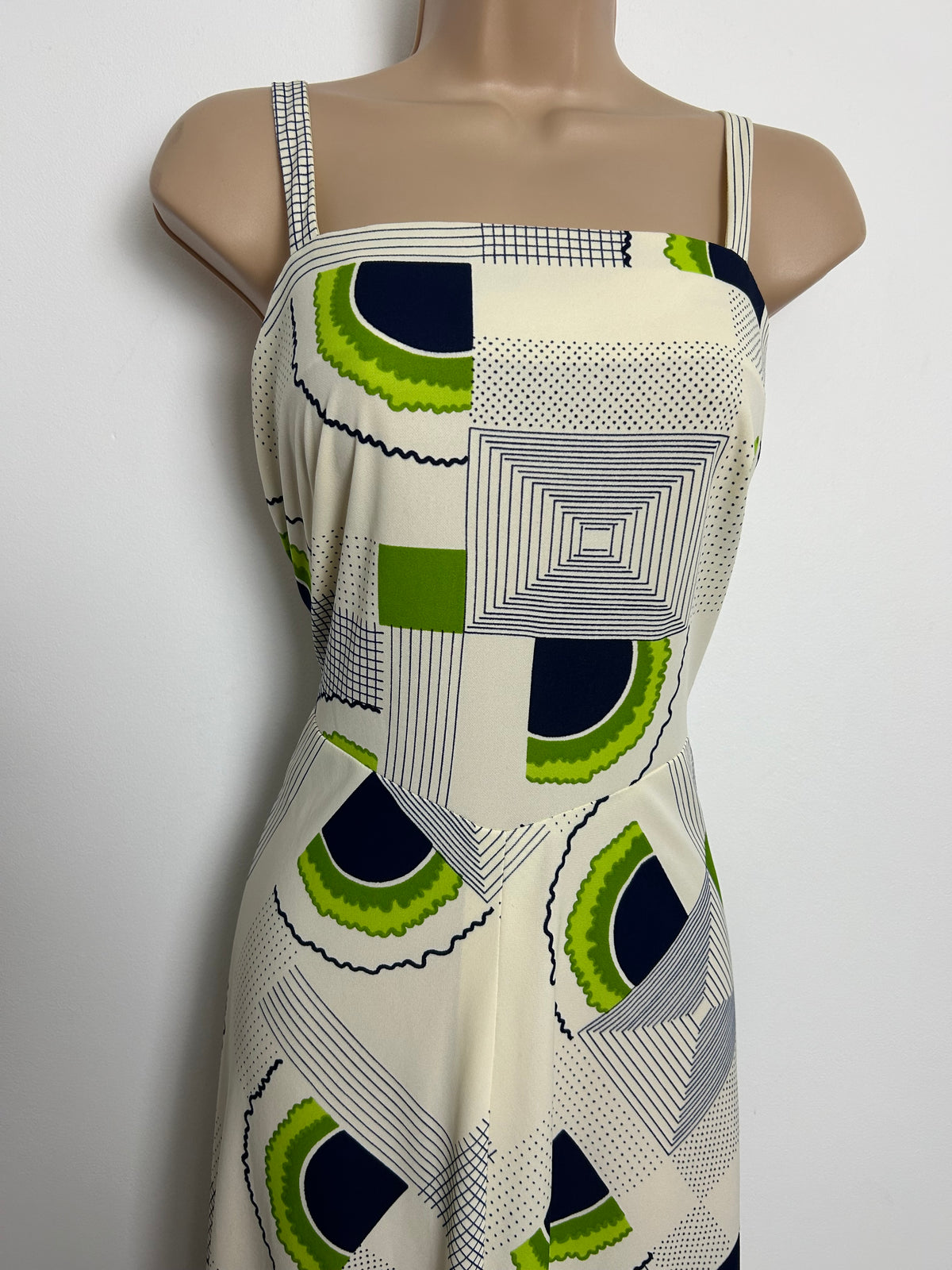 Vintage 1970s MARISA By Kitty Copeland Size 10-12 Cream Navy Blue & Green Abstract Print Dress & Matching Dagger Collar Open Fronted Shirt  Style Jacket