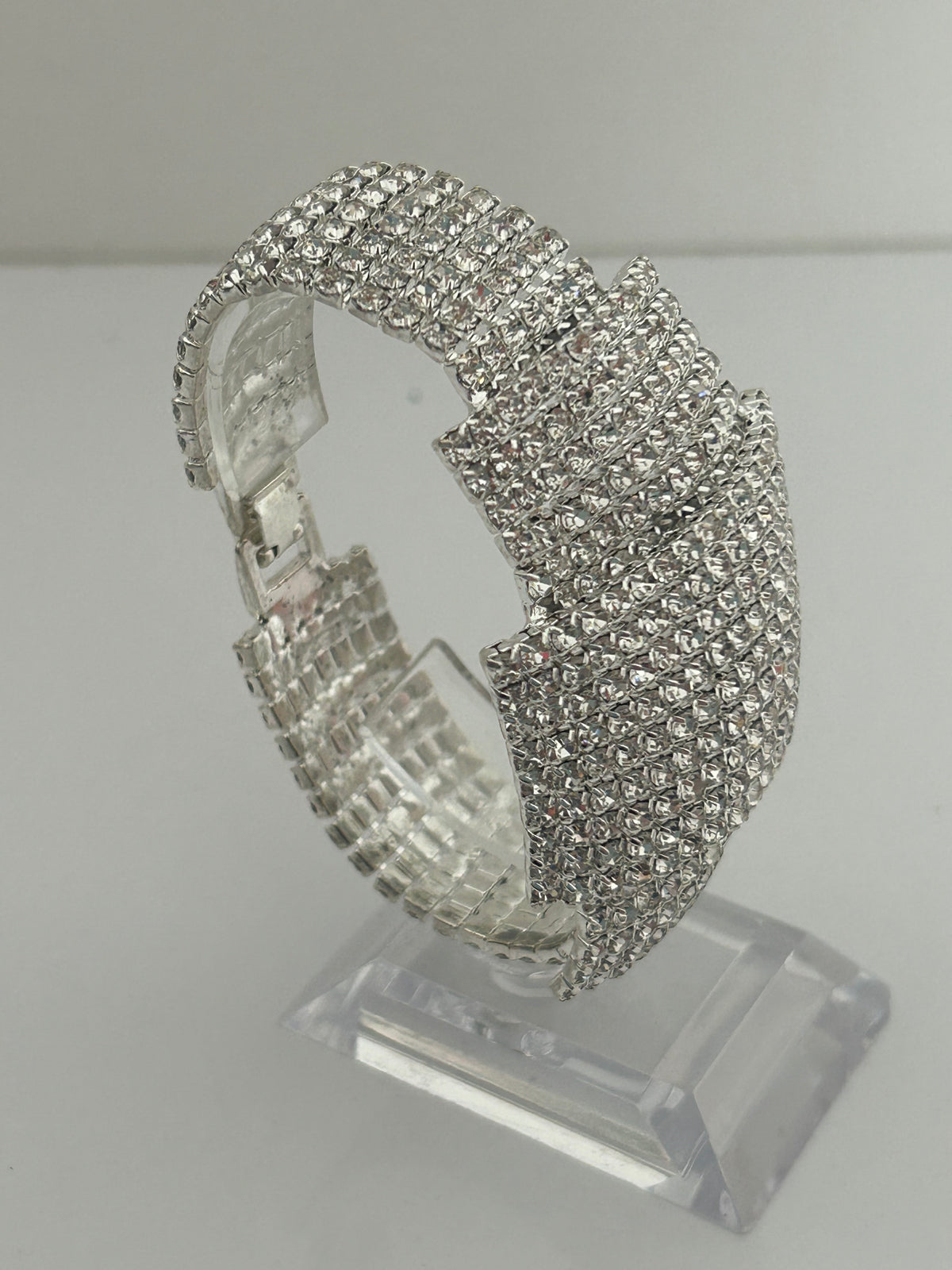 Vintage Silver Tone Diamante Set Deco Inspired Large Statement Bracelet