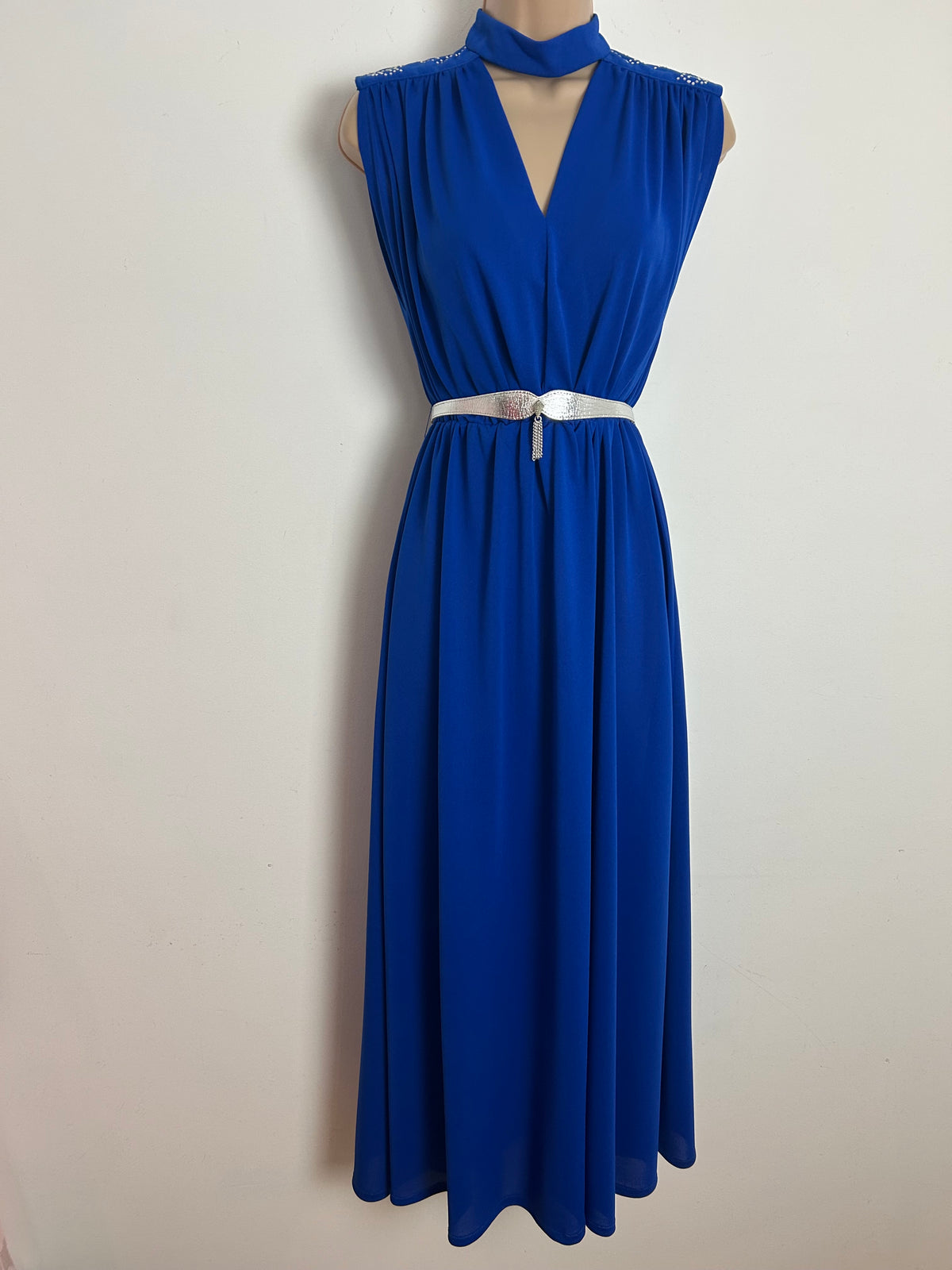 Vintage THE HOUSE OF SAINT NICHOLAS Size 8-10 Royal Blue Rhinestone Detail Belted Evening Maxi Dress