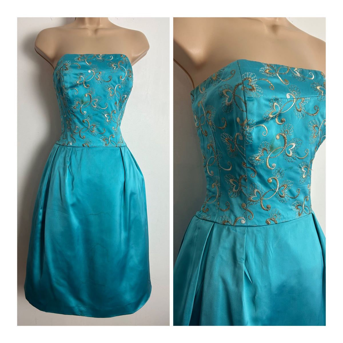 Vintage Early 1960s BERNARD FRERES Size 10 Turquoise Satin Embroidered Bodice Party Prom Occasion Dress