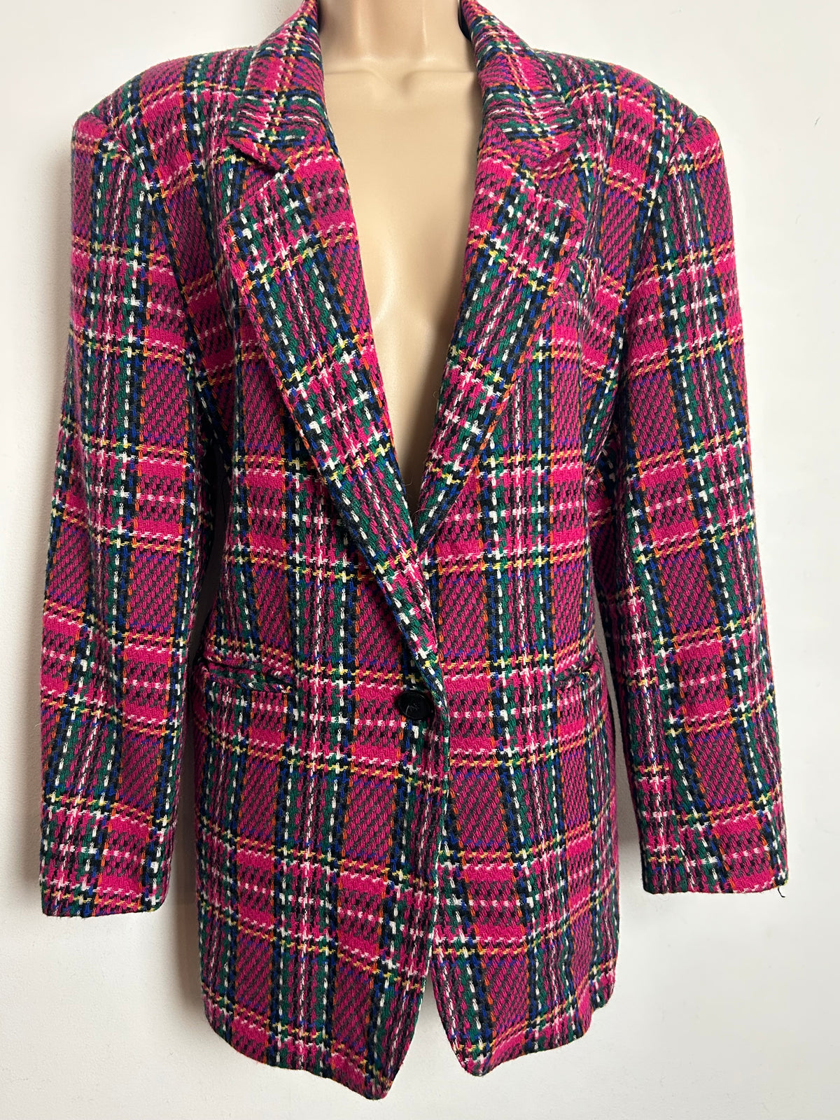 Vintage 1980s Size 14 Pink Green Blue & Yellow Check Print Wool Mix Blazer