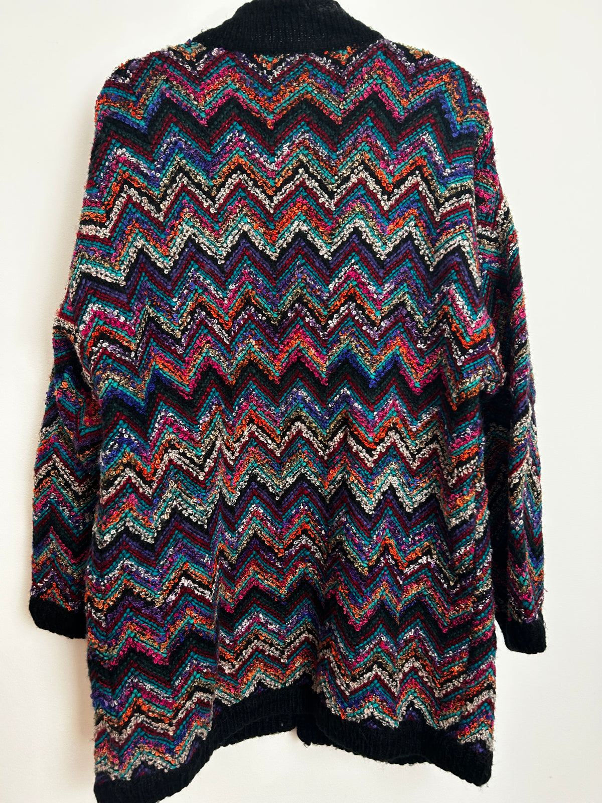 Vintage 1980s Up To Size 16 Black Multicolour Loop Yarn Chunky Knit Slouchy Cardigan