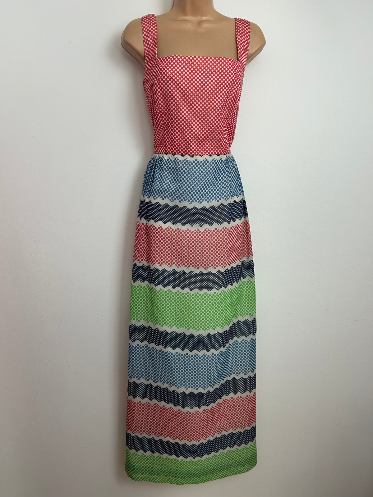 Vintage 1970s ROTER COUTURE Size 10 Red Blue Green & White Polka Dot Cotton Mix Summer Maxi Dress