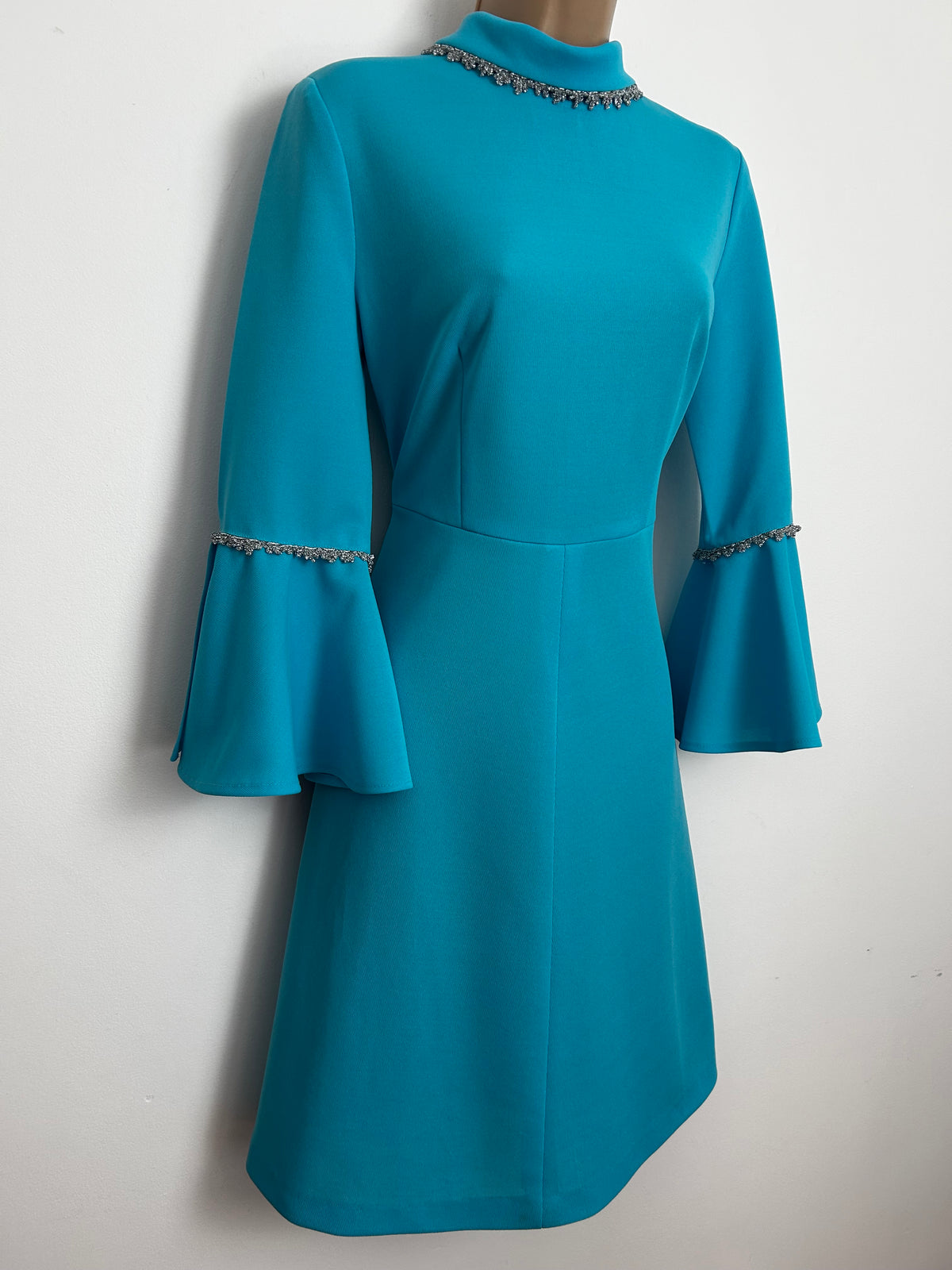 Vintage 1970s Size 8-10 Turquoise & Silver Braid Trim Flared Cuff Fit & Flare Occasion Dress