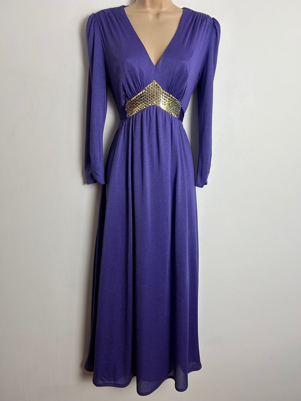 Vintage 1970s UK Size 8-10 Purple & Gold Sequin Trim Long Sleeve Tie Back Evening Maxi Dress