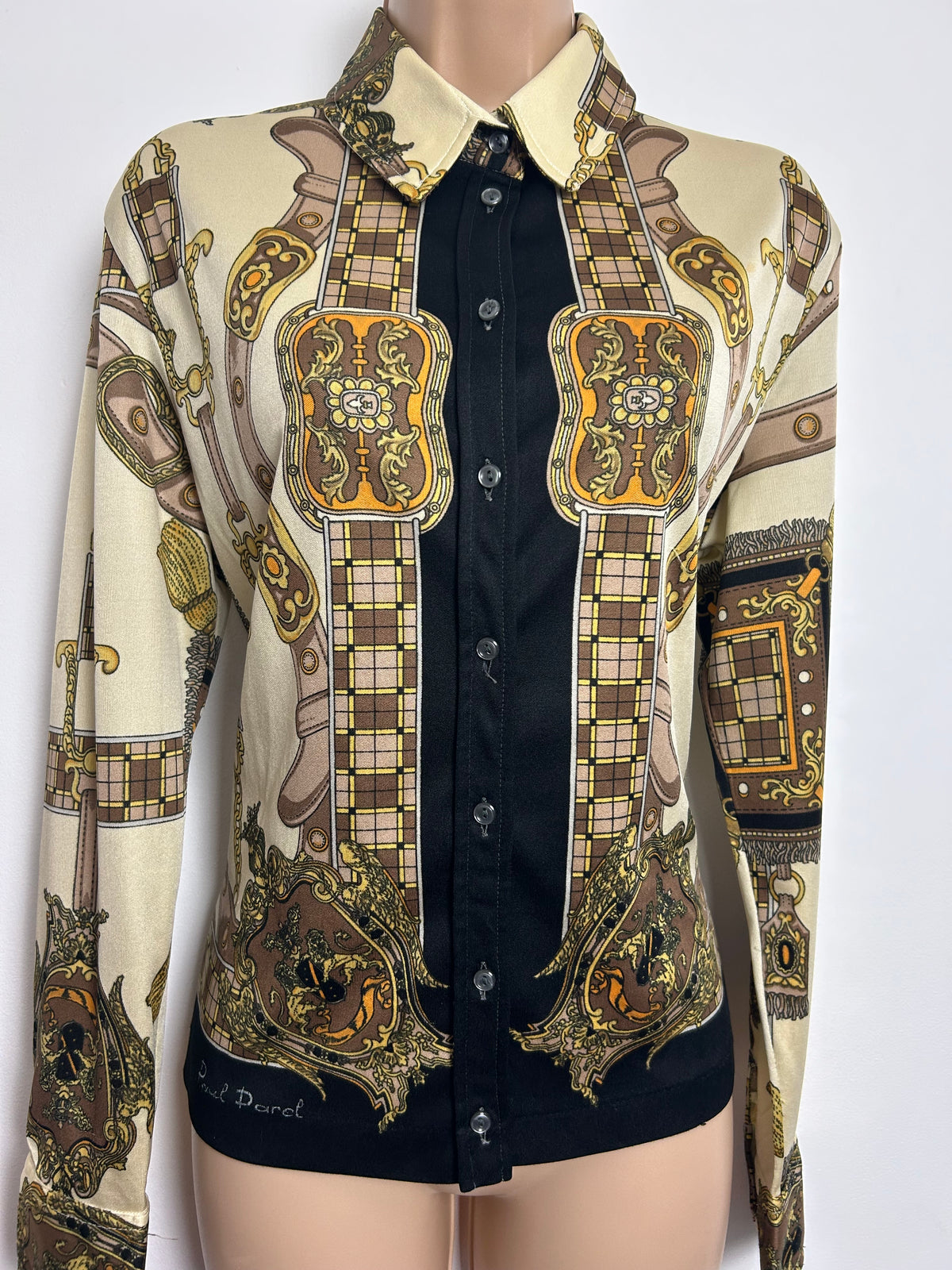 Vintage Early 1980s Size 14 PAUL DAREL SIGNED Cream & Brown Baroque Equestrian Print Shirt