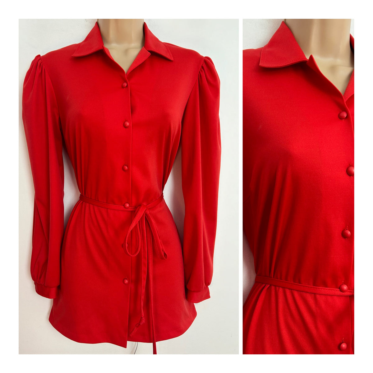 Vintage Early 1980s UK Size 10 Red Long Sleeve Belted Shirt