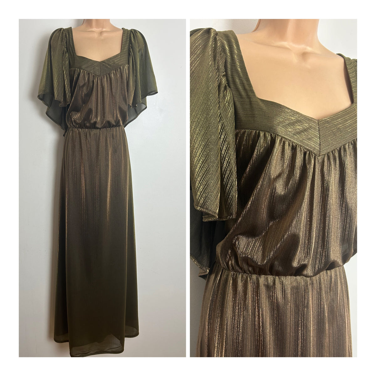 Vintage 1970s Size 14 Dark Shimmery Gold Cape Sleeve Occasion Maxi Dress