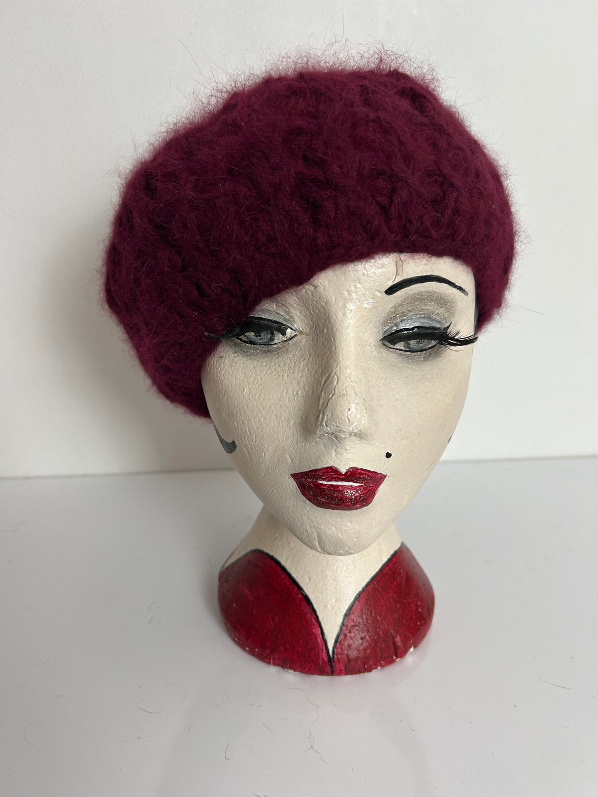 Vintage Burgundy/Maroon Wool & Angora Mix Semi Chunky Knit Beret Style Hat