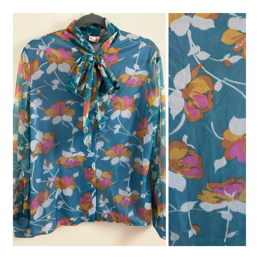 Vintage 1960s 1970s ST MICHAEL Size 12-14 Blue Orange & Pink Floral Nylon Pussy Bow Long Sleeve Shirt