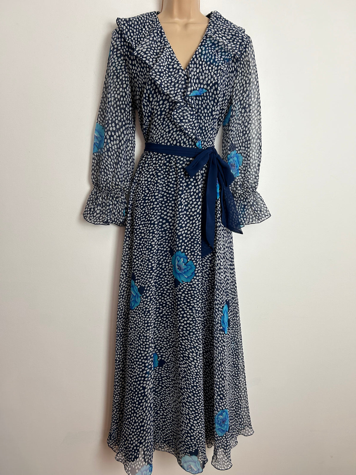 Vintage 1970s UK Size 10 Pretty Navy Blue & White Spot Print Long Sleeve Belted Boho Maxi Dress