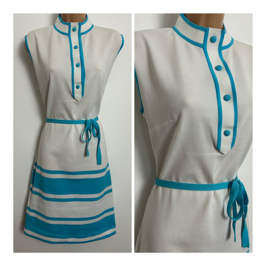 Vintage 1960s Size 12-14 White & Turquoise Stripe Sleeveless Belted Summer Mod Dress