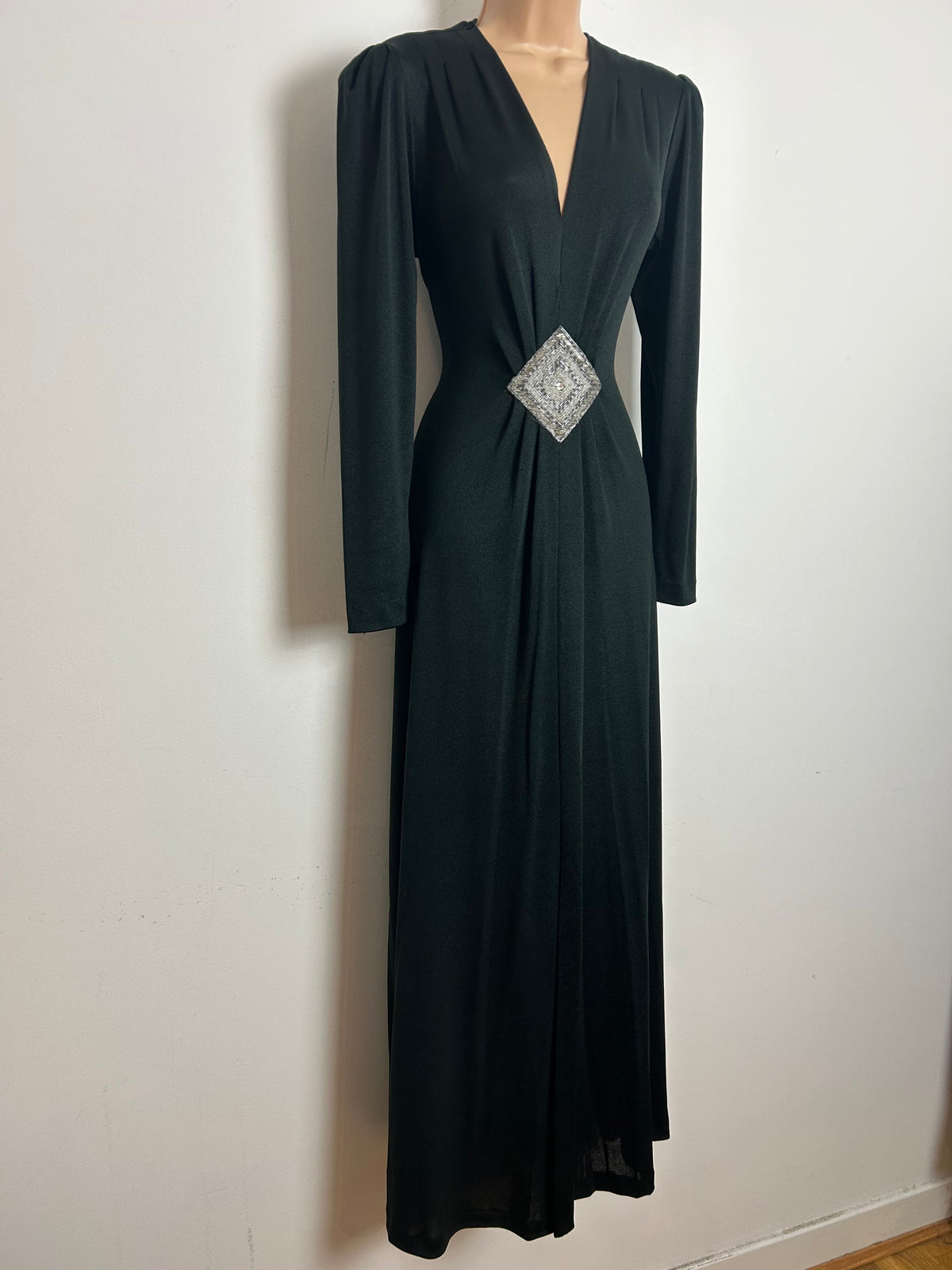 Vintage 1970s JOY STEVENS Size 12 Black Bead Embellished Long Sleeve Evening Maxi Dress