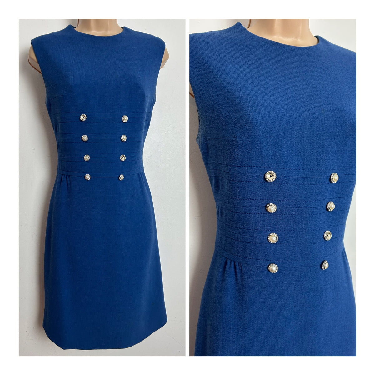 Vintage 1960s HEROS MODELL Size 8-10 Dusky Blue Pearl & Diamante Button Detail Mod Dress