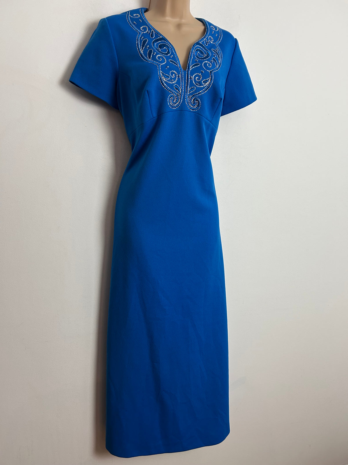 Vintage 1960s UK Size 14 Royal Blue & Silver Embroidered & Bead Detail Occasion Evening Maxi Dress