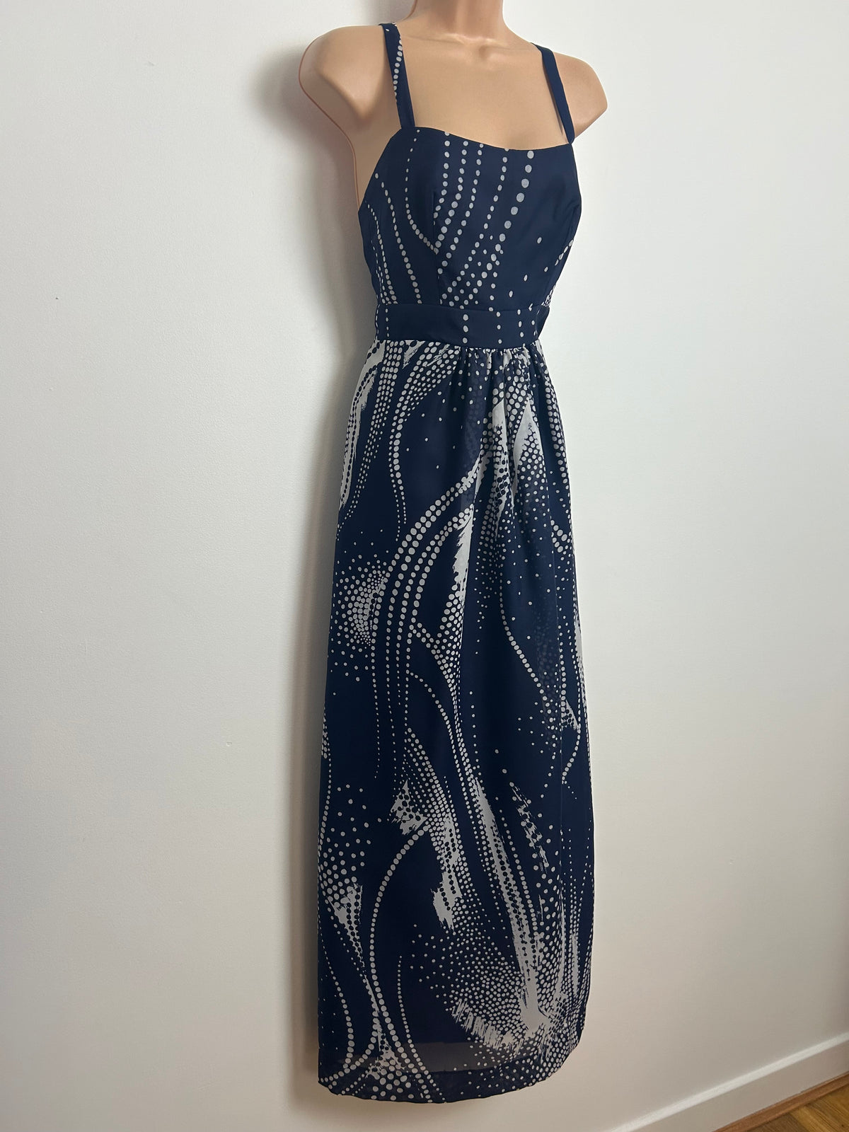 Vintage 1970s Size 6 Navy Blue & White Spotty Print Cross Strap Summer Occasion Maxi Dress