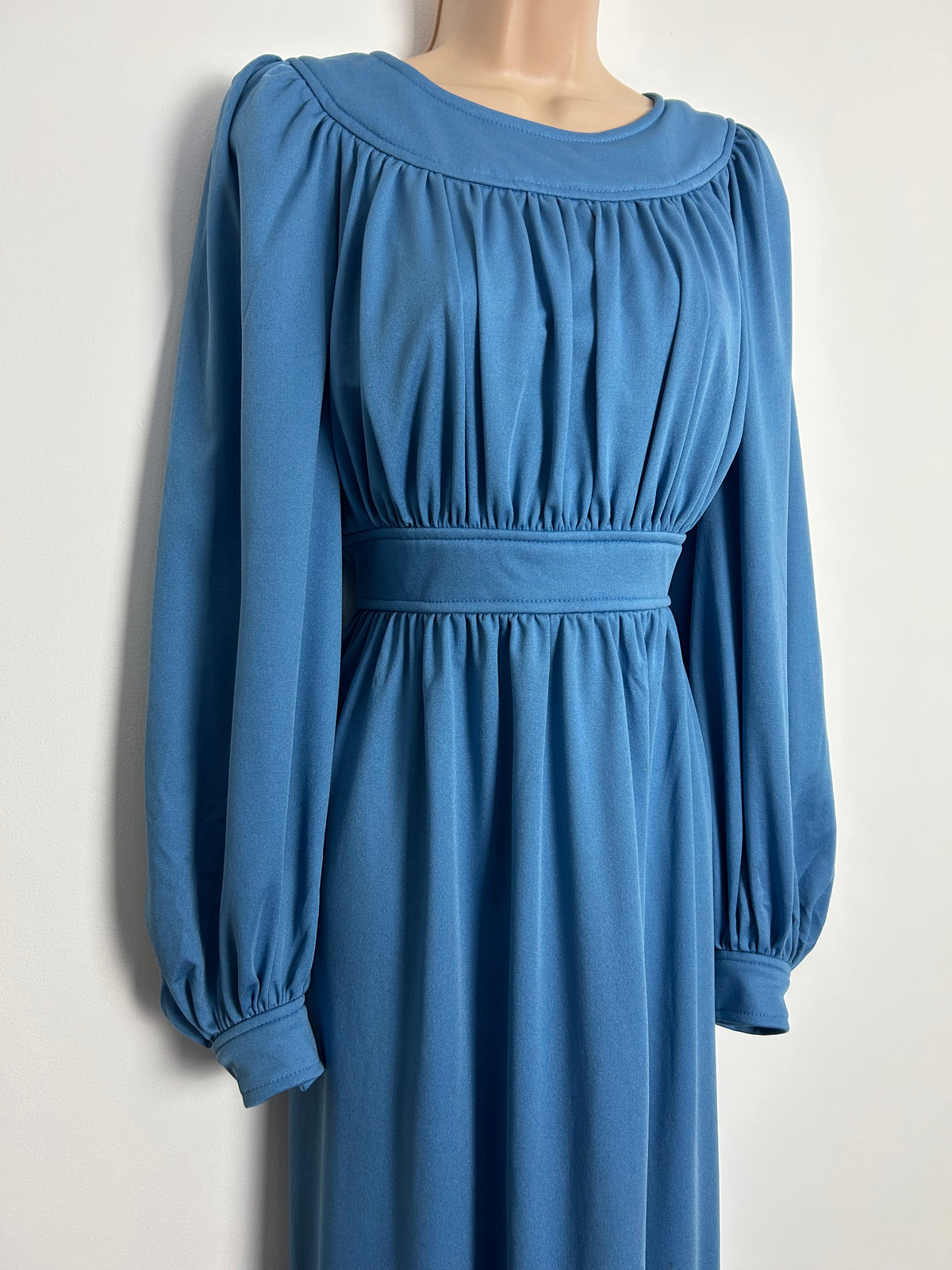 Vintage Late 1970s AFTER SIX BY RONALD JOYCE UK Size 10-12 Powder Blue Long Sleeve Gather Pleated Maxi Dress