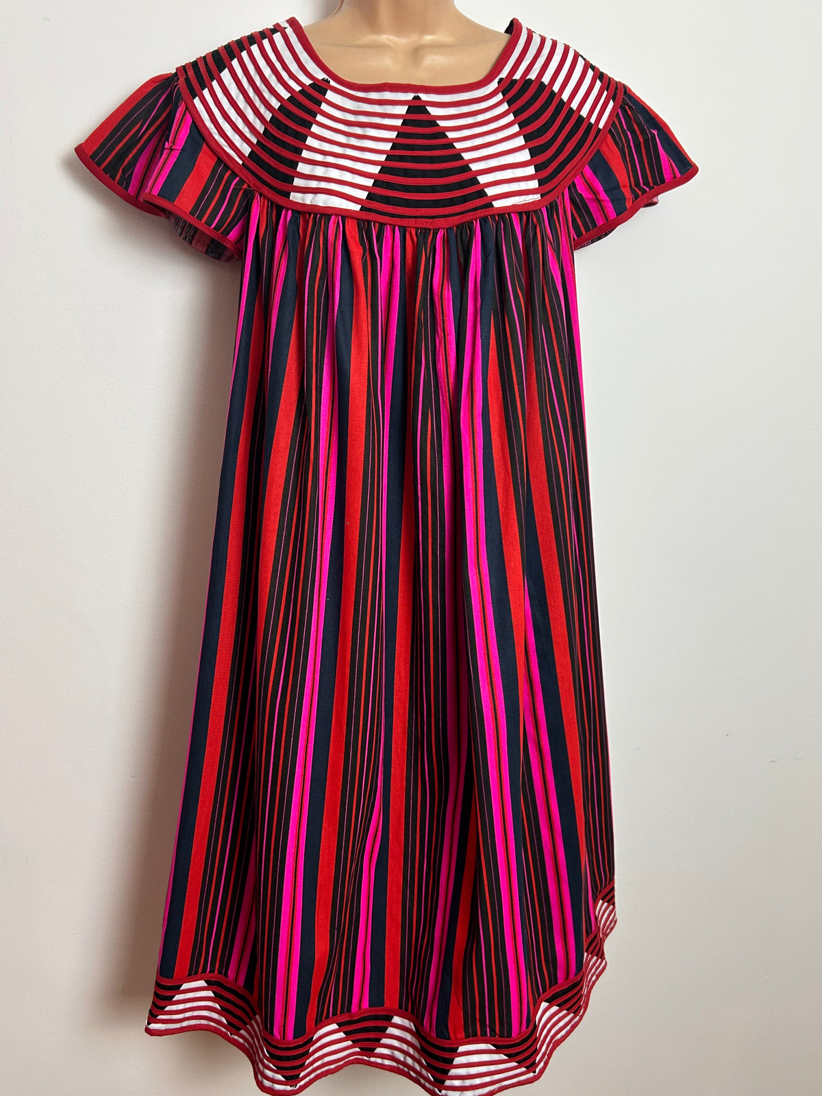 Vintage 1980s Size 12 Black Red Pink Stripe Braid Trim Cotton Smock Style Dress