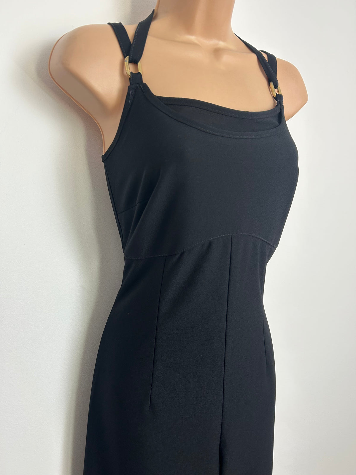 Vintage Late 1970s Size 8 Black Strappy Wide Straight Leg Jumpsuit