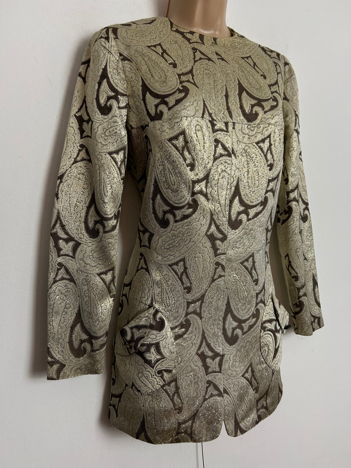 Vintage 1960s GLADYS PARIS UK Size 8 Metallic Gold & Brown Paisley Print Mini Mod Party Shift Dress or Tunic