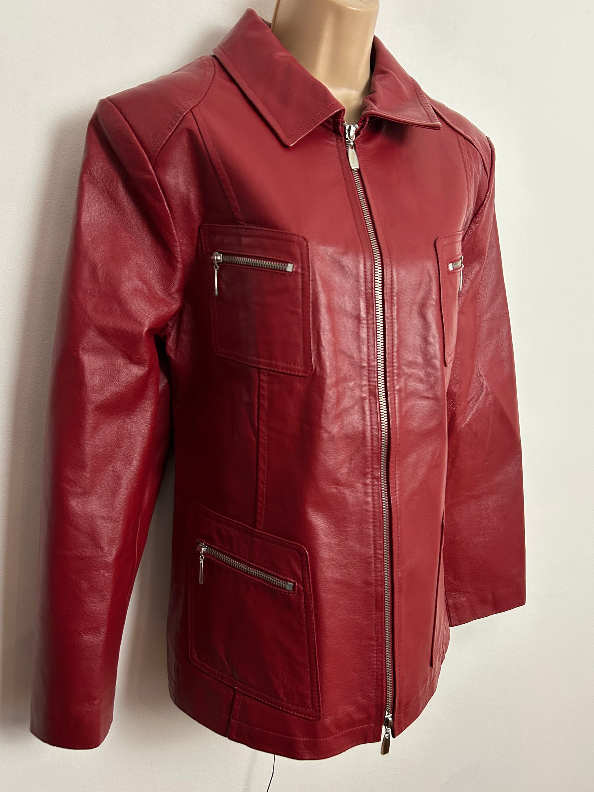 Vintage Late 1980s UK Size 14-16 Red Leather Zip Fronted Pocket Detail Jacket